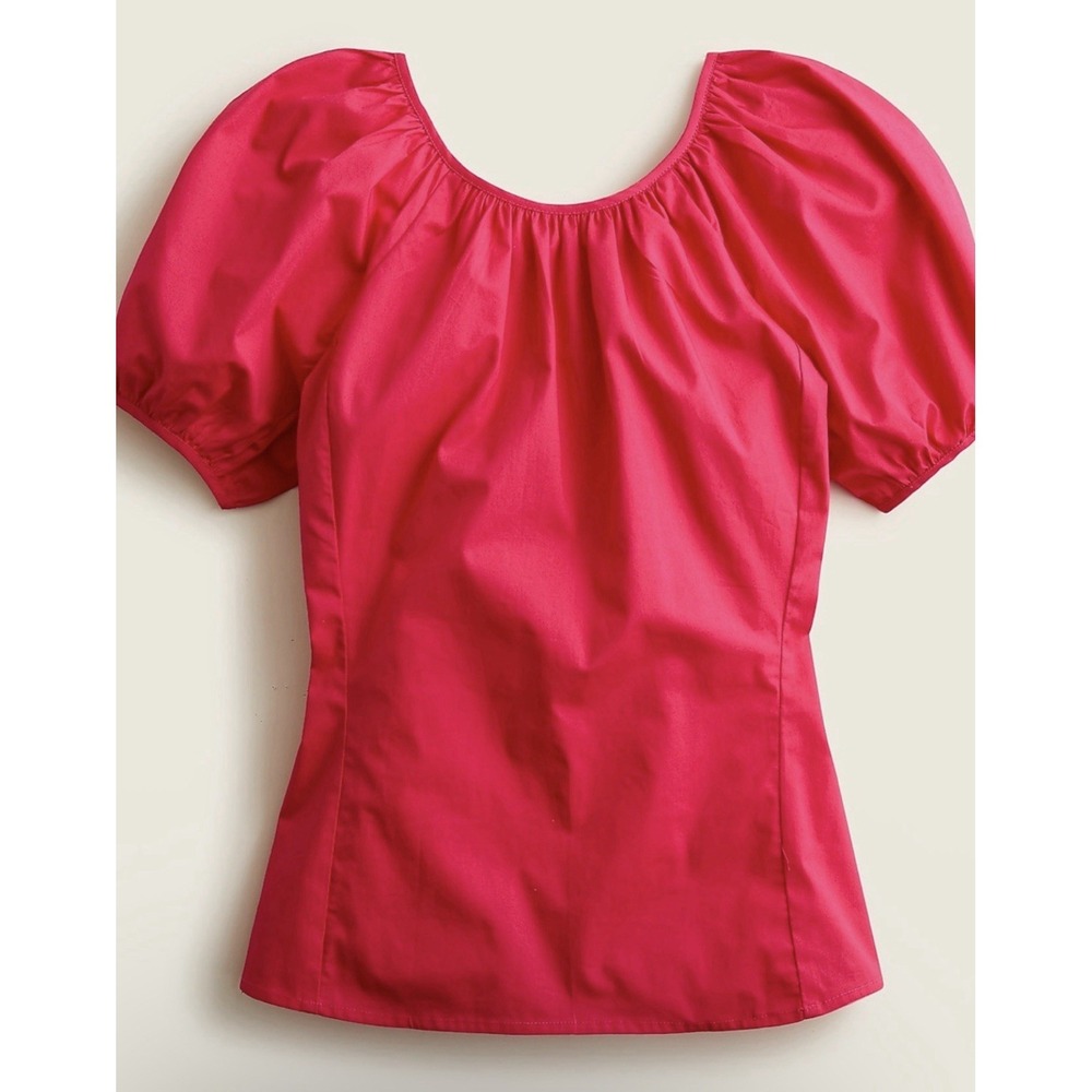 J crew‎ V-back puff-sleeve stretch Organic cotton poplin top Wild Hibiscus Sz 10